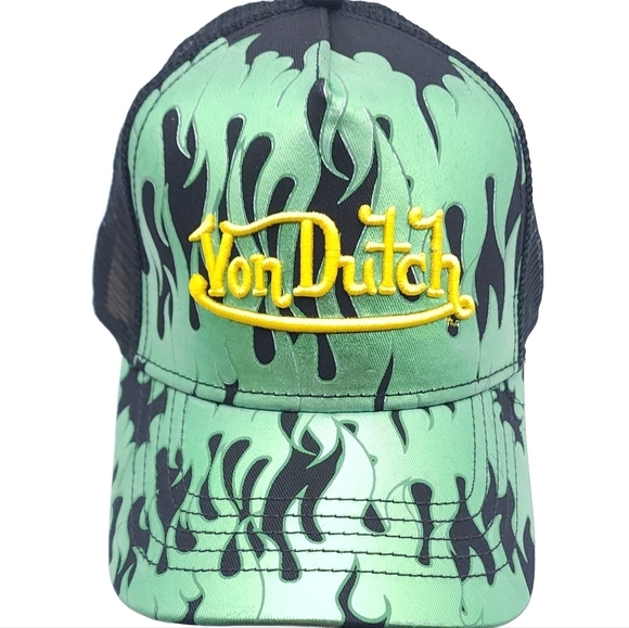 Von Dutch CITY OF ANGELS GREEN Flames Embroidered TRUCKER Hat Brand New - Picture 4 of 12